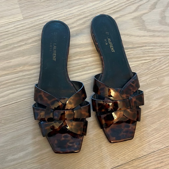 YSL YVES SAINT LAURENT TRIBUTE BROWN BLACK FLAT SANDALS SZ 36 6 - Picture 1 of 5